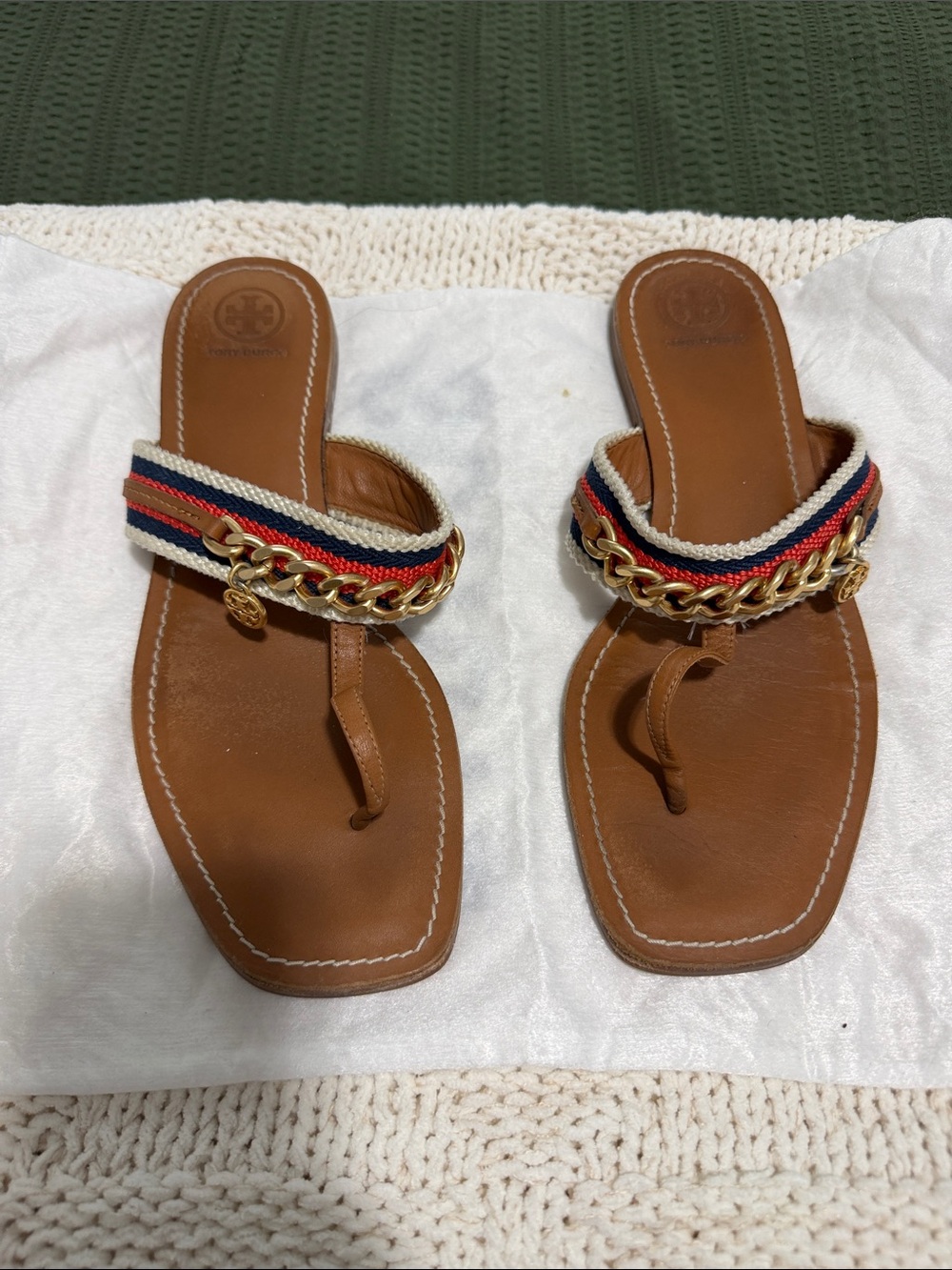 Tory Burch Brown Leather Thong Sandals with Red & Blue Striped Strap